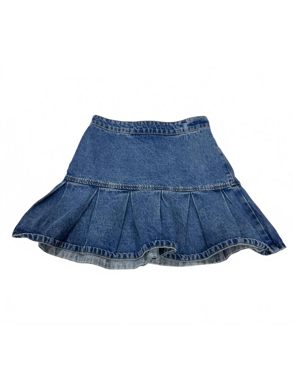 Lioness Denim Pleated Mini Skirt Medium Blue Wash Y2K Flare Drop Waist Flirt - Picture 2 of 9